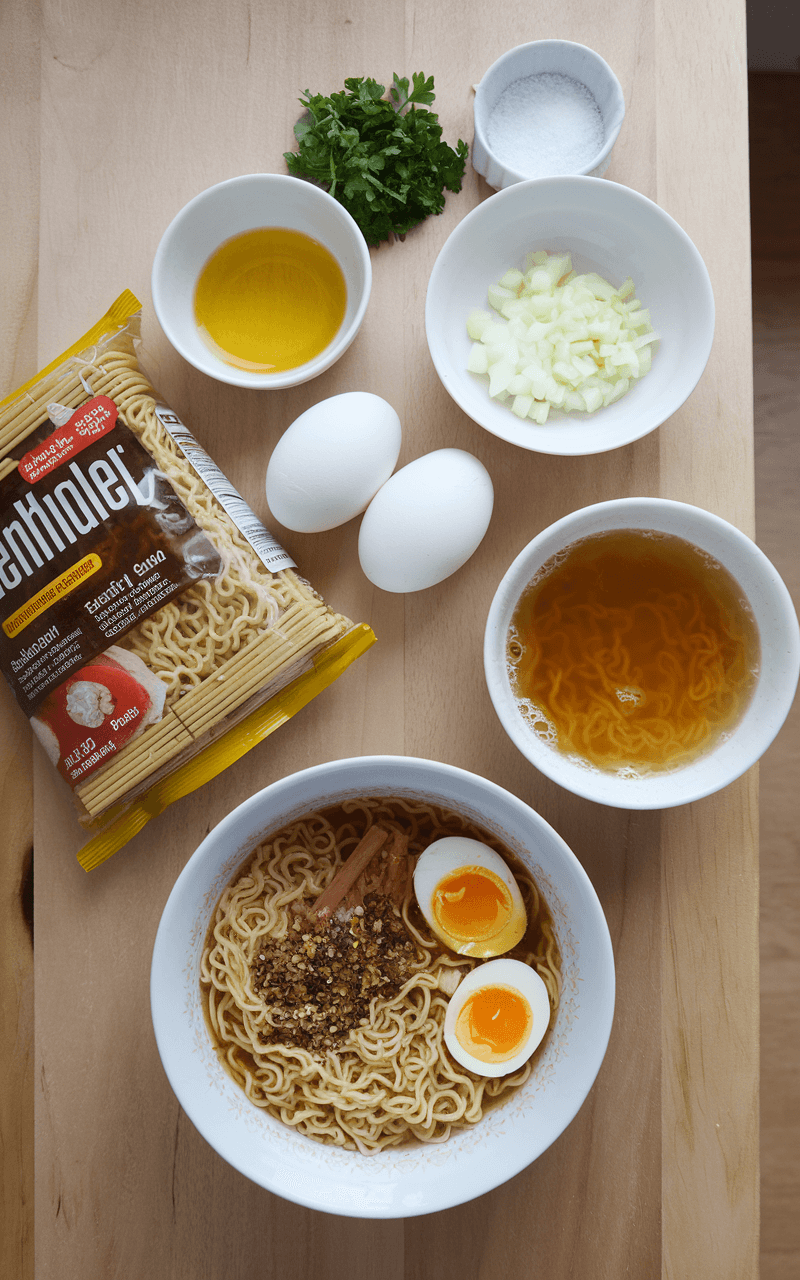The ingredients needed for Ramen Scrambled Eggs Recipe.