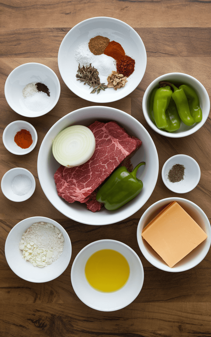 The ingredients needed for Philly Cheesesteak Sandwiches.