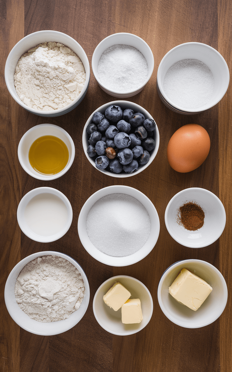 The ingredients needed for To Die For Blueberry Muffins.